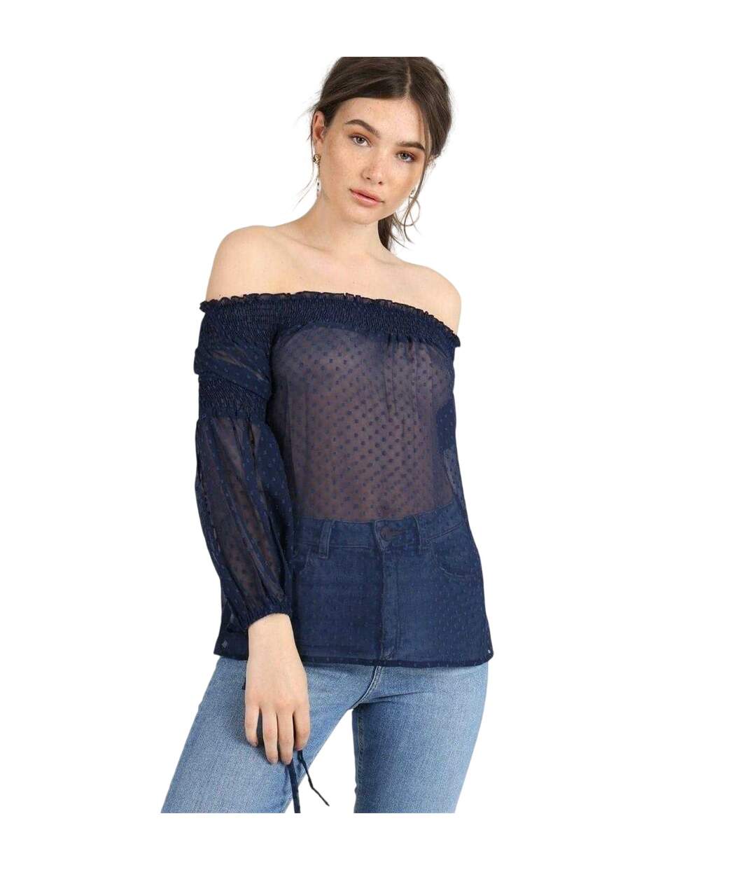 Haut À Épaules Dénudées Motif/style Froncé Femme Bleu Marine Influence-1