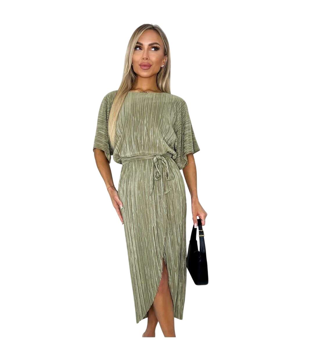 Robe Mi-longue Manches Courtes Femme Kaki Clair AX Paris-1