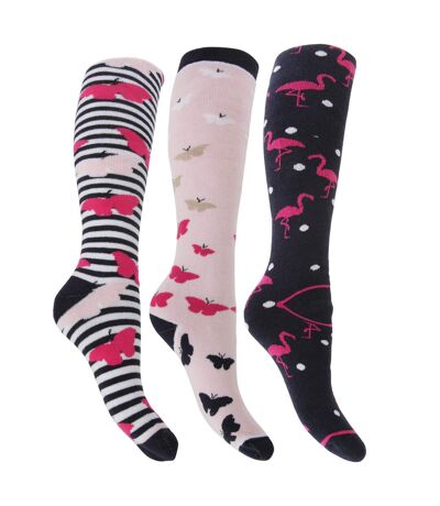 Womens/Ladies Hyperwarm Long Welly Socks (3 Pairs) (Flamingo/Butterfly/Butterflies) - UTW505