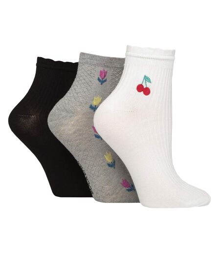 3 Pack Ladies Ribbed Anklet Socks with Frill Welt - Soft Stylish Everyday Fit