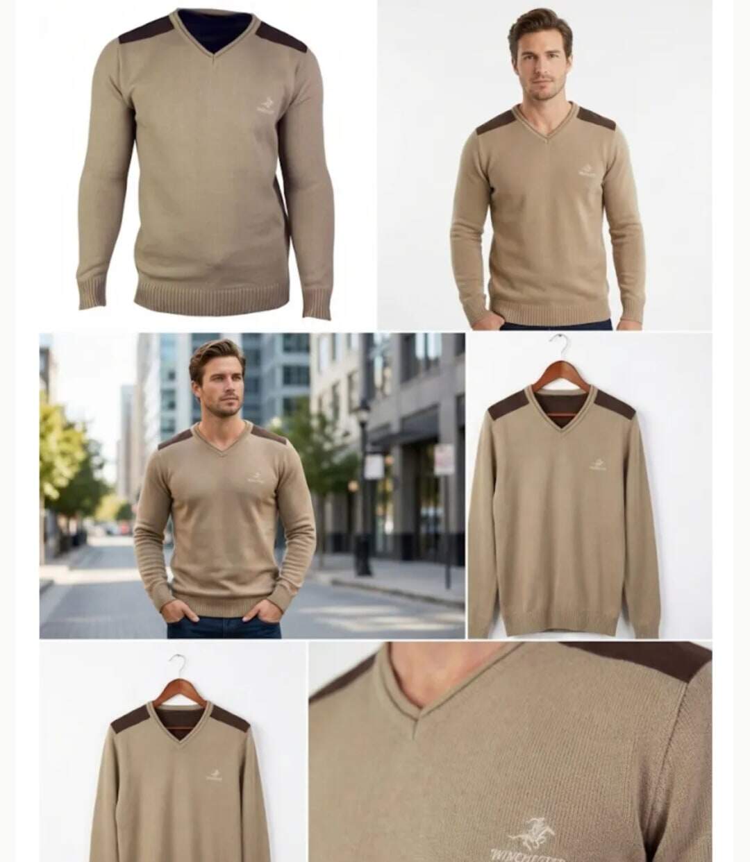 Pull Col V Homme Winchester Panel1 Beige avec Renforts Suédine-3