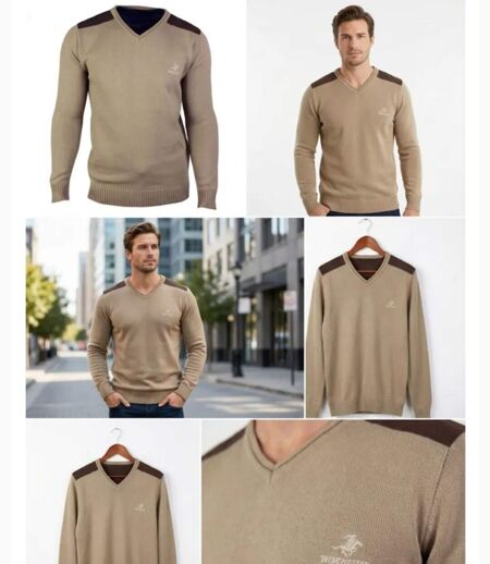 Pull Col V Homme Winchester Panel1 Beige avec Renforts Suédine
