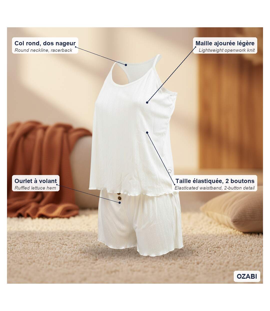 INFINITIF PARIS Ensemble Pyjama Short Femme Débardeur et Short Maille Douce-5