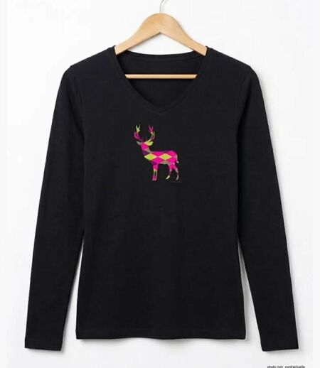 Mayflower NICO2 : Tee-shirt manches longues noir en coton avec sérigraphie motif cerf