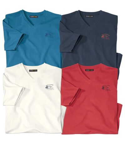 Pack of 4 Men's V-Neck T-Shirts - Blue Navy Ecru Coral