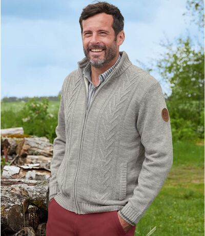 Men's Gray Sherpa-Lined Knit Jacket