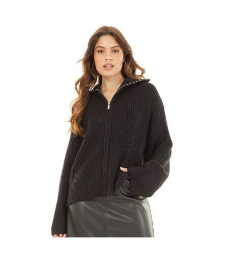 Womens/ladies Fisherman Knitted Zip Detail Jacket Black Brave Soul