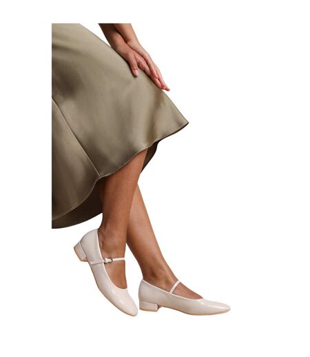 Womens/ladies minsk patent faux leather buckle detail wide low heel ballet shoes cream Where´s That From