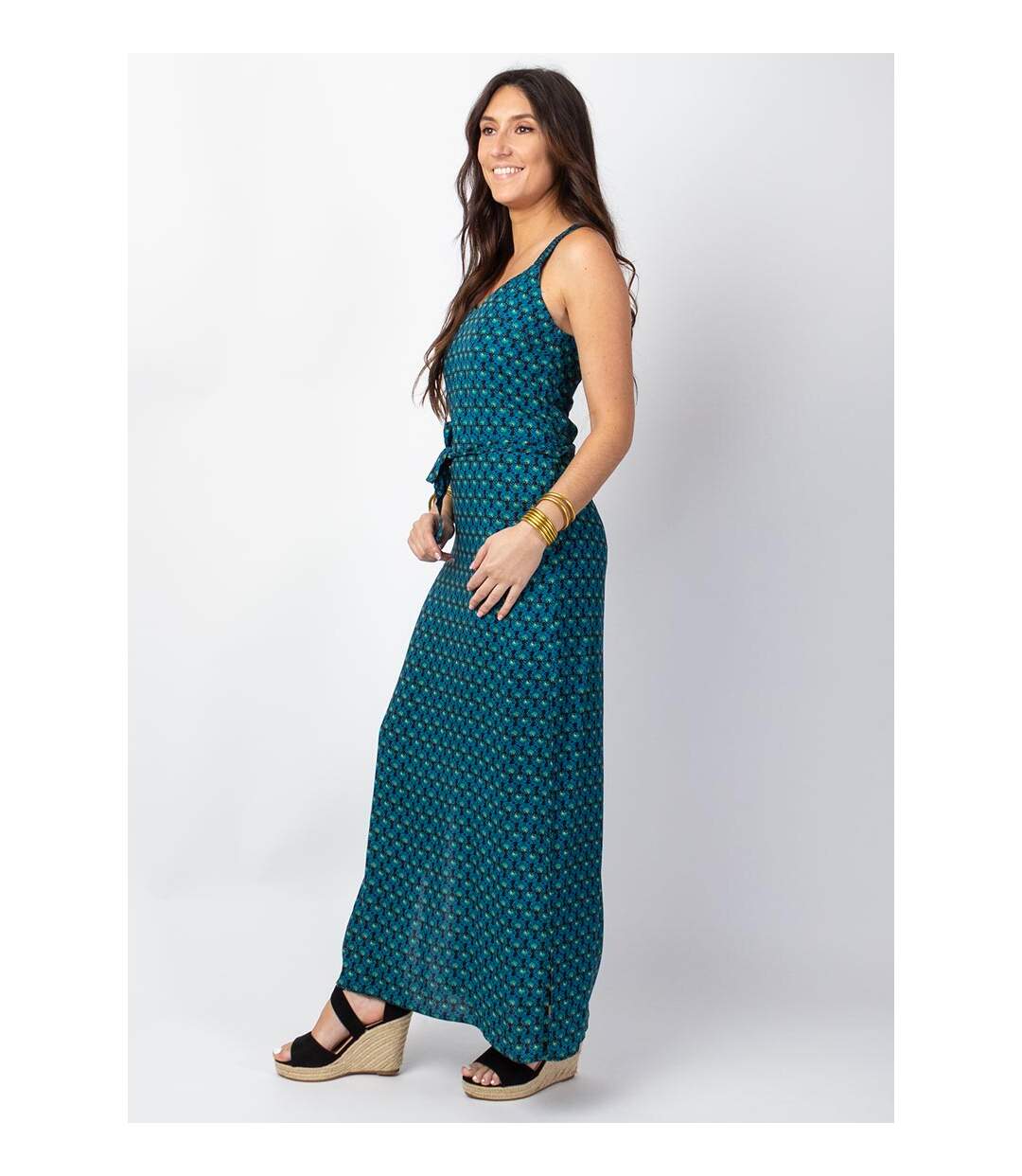 Robe longue fendue MARISSA motif ethnique bleu Coton Du Monde