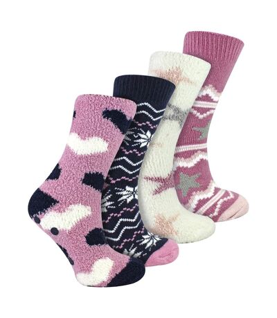 Ladies 4 Pack Fluffy Cosy Slipper Socks