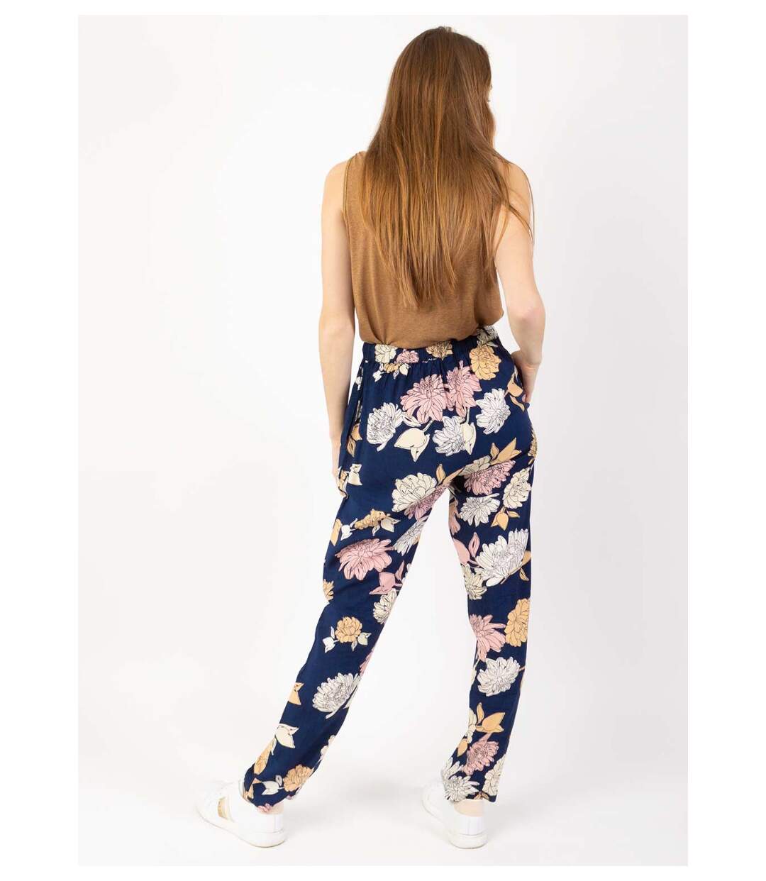 Pantalon casual CHARLY imprimé fleuri bleu marine Coton Du Monde