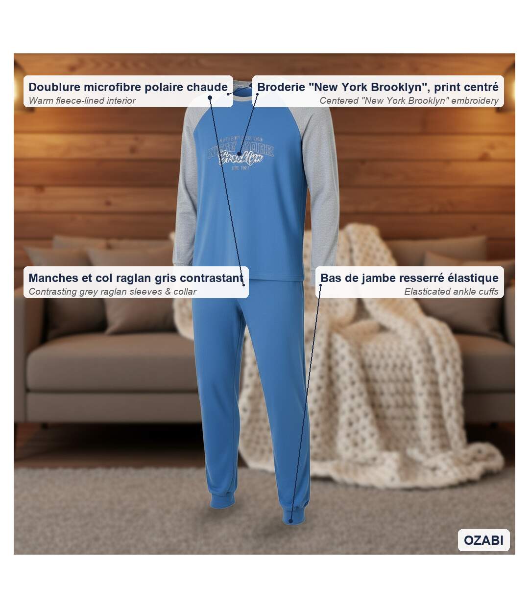 OZABI Pyjama Homme Doublé Polaire Raglan Brodé-5