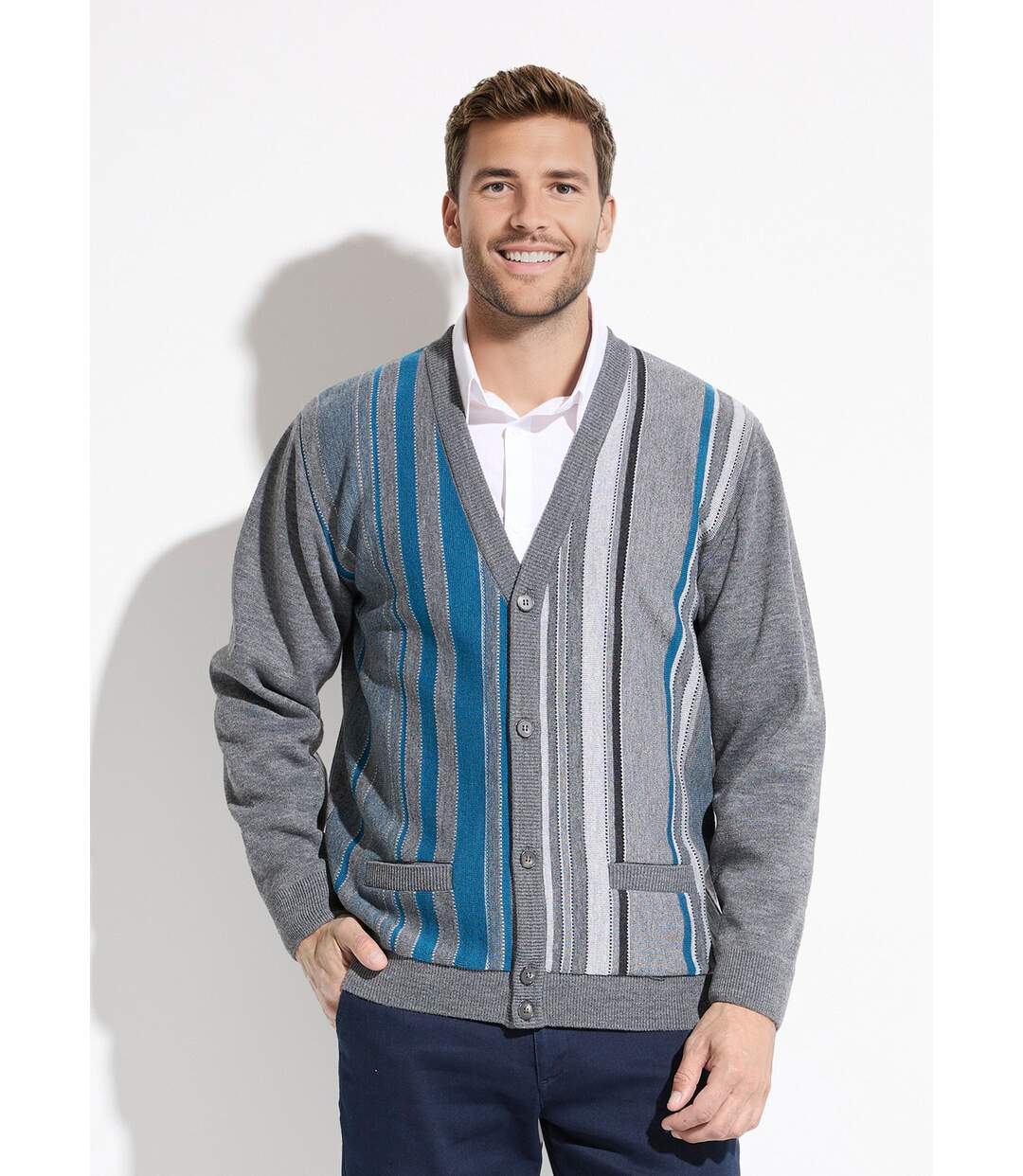 Gilet col V boutonné rayures jacquard laine-1