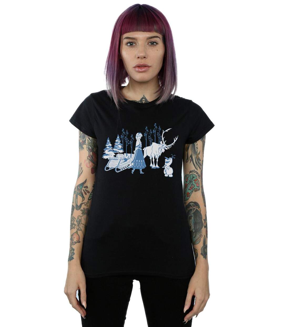 Disney T-shirt en coton Femme/Femme Frozen Anna Sven et Olaf (Noir) - UTBI22041-2