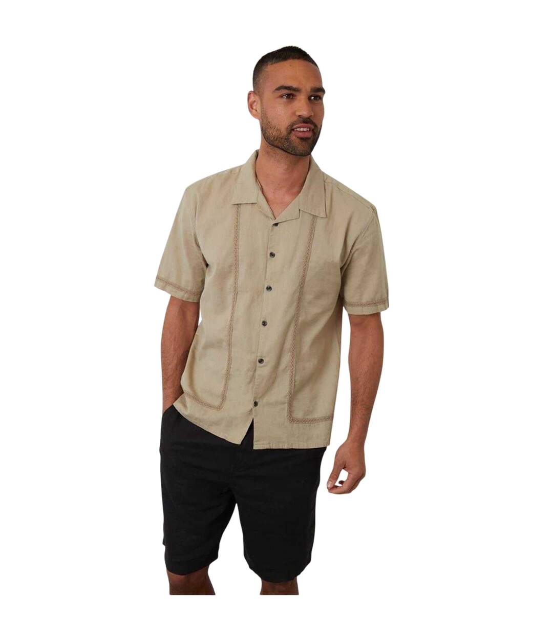 Mens Embroidered Collared Short-sleeved Bowling Shirt Stone Threadbare-2