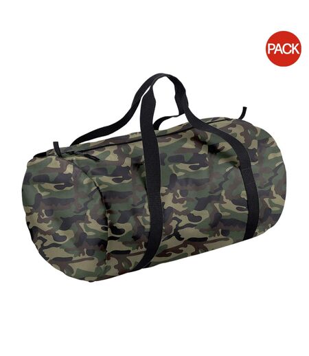 Pack Of 2  Packaway Barrel Bag / Duffle Water Resistant Travel Bag 32 Litres  One Size Jungle Camo Black BagBase