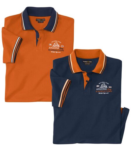 Pack of 2 Men's Piqué Polo Shirts - Orange Navy 