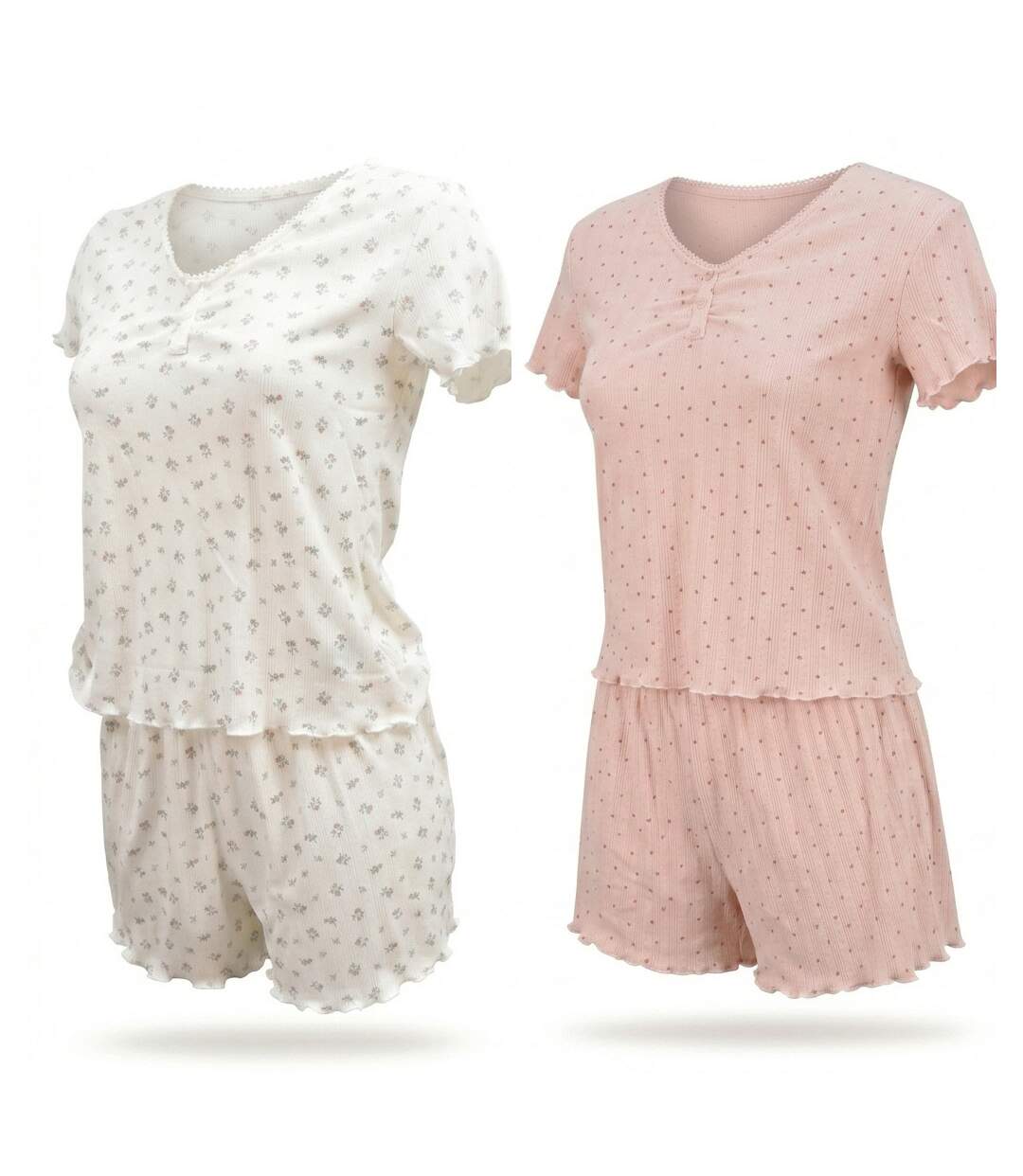 OZABI Pack 2 Pyjamas Femme, Col V Boutonné, Short Froufrou, Fleuri et Coeurs-1