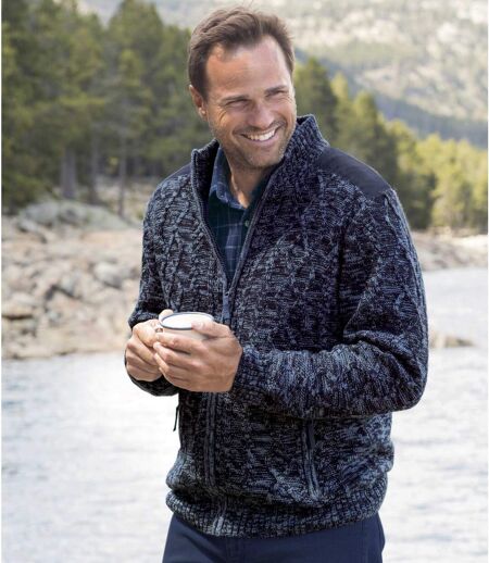 Men's Blue Fleece-Lined Knitted Jacket - Full Zip