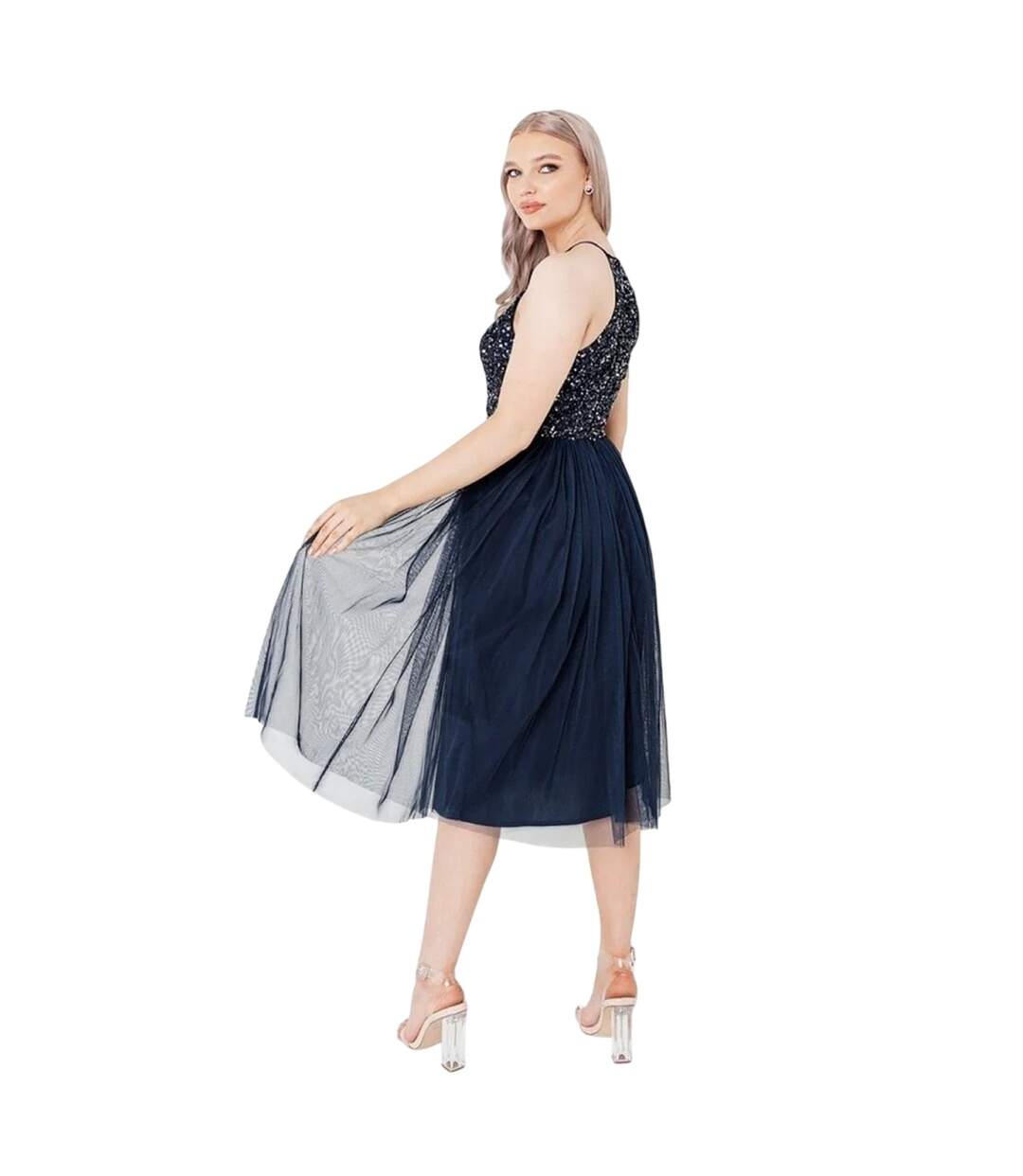 Womens/ladies Sequin Formal Midi Dress Navy Deluxe-2