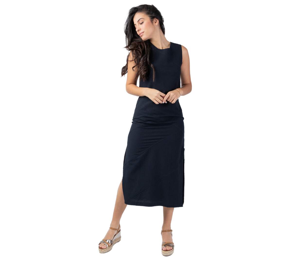 Robe longue coupe droite CHARLINE unie noire Coton Du Monde-1