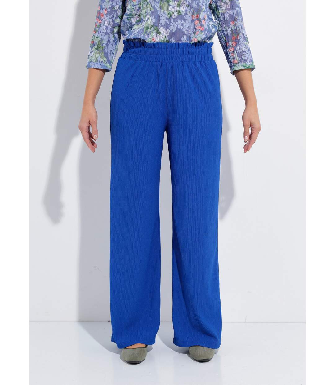 Pantalon vert large taille élastiquée maille relief-1