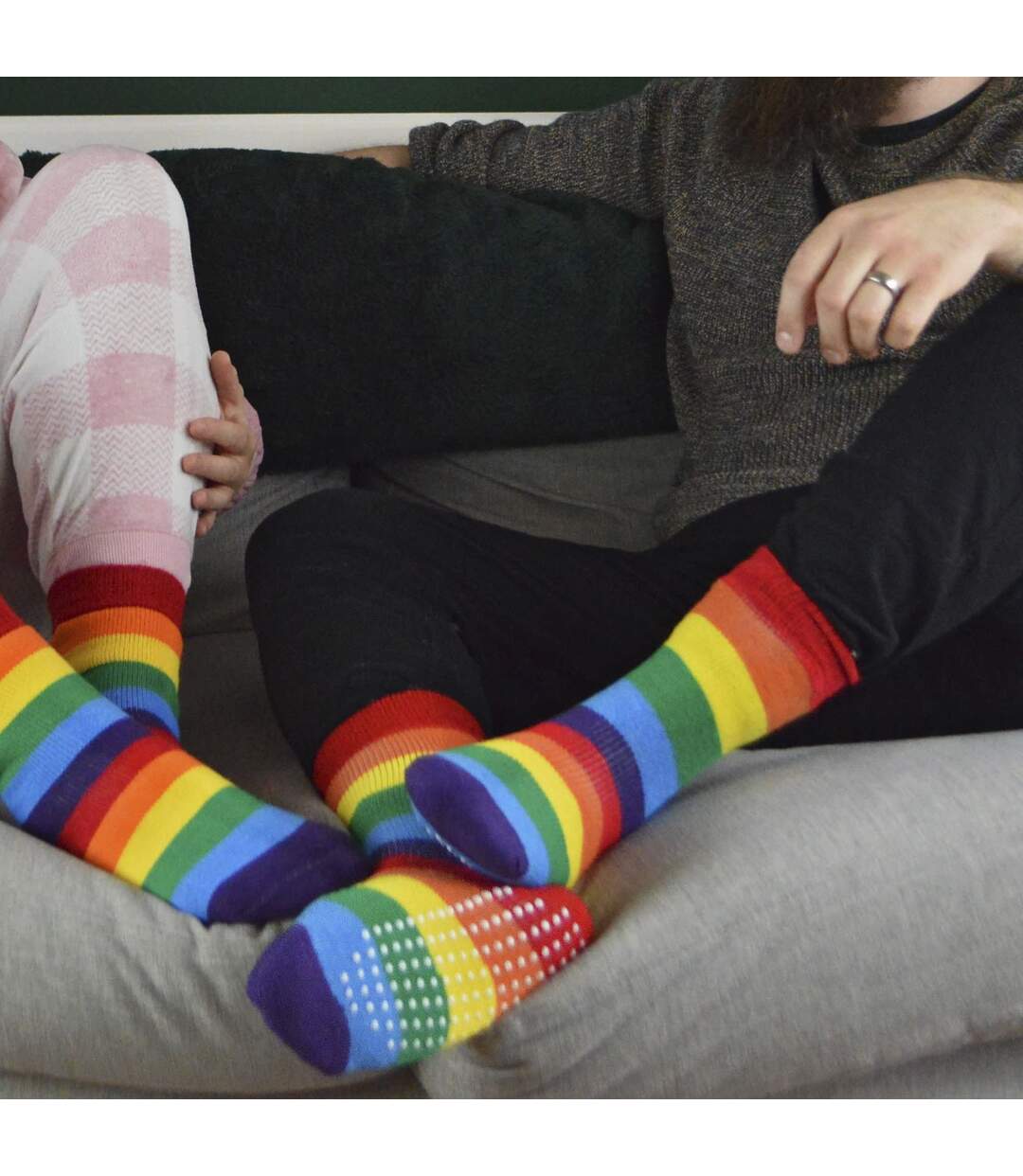 1 Pack Rainbow Striped Thermal Non Slip Slipper Socks for Winter-4