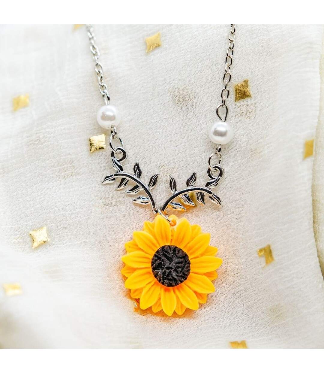 Sunflower Charm Pearl Daisy Flower Summer Beach Pendant Necklace-1