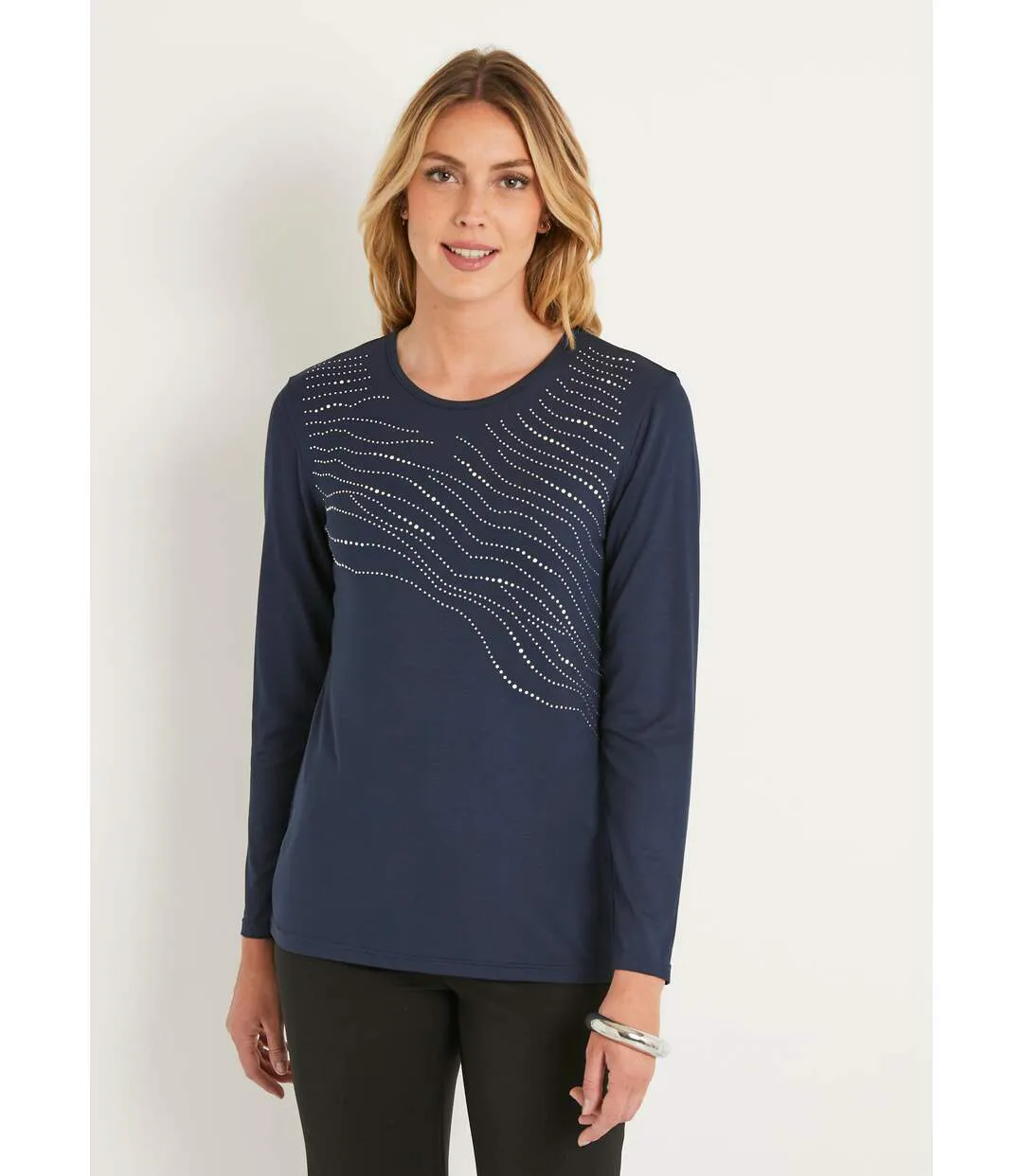 T-shirt uni droit court avec strass col rond-1