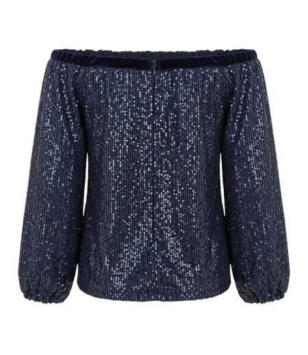Womens/ladies Sequin Off-the-shoulder Blouse Navy Yumi