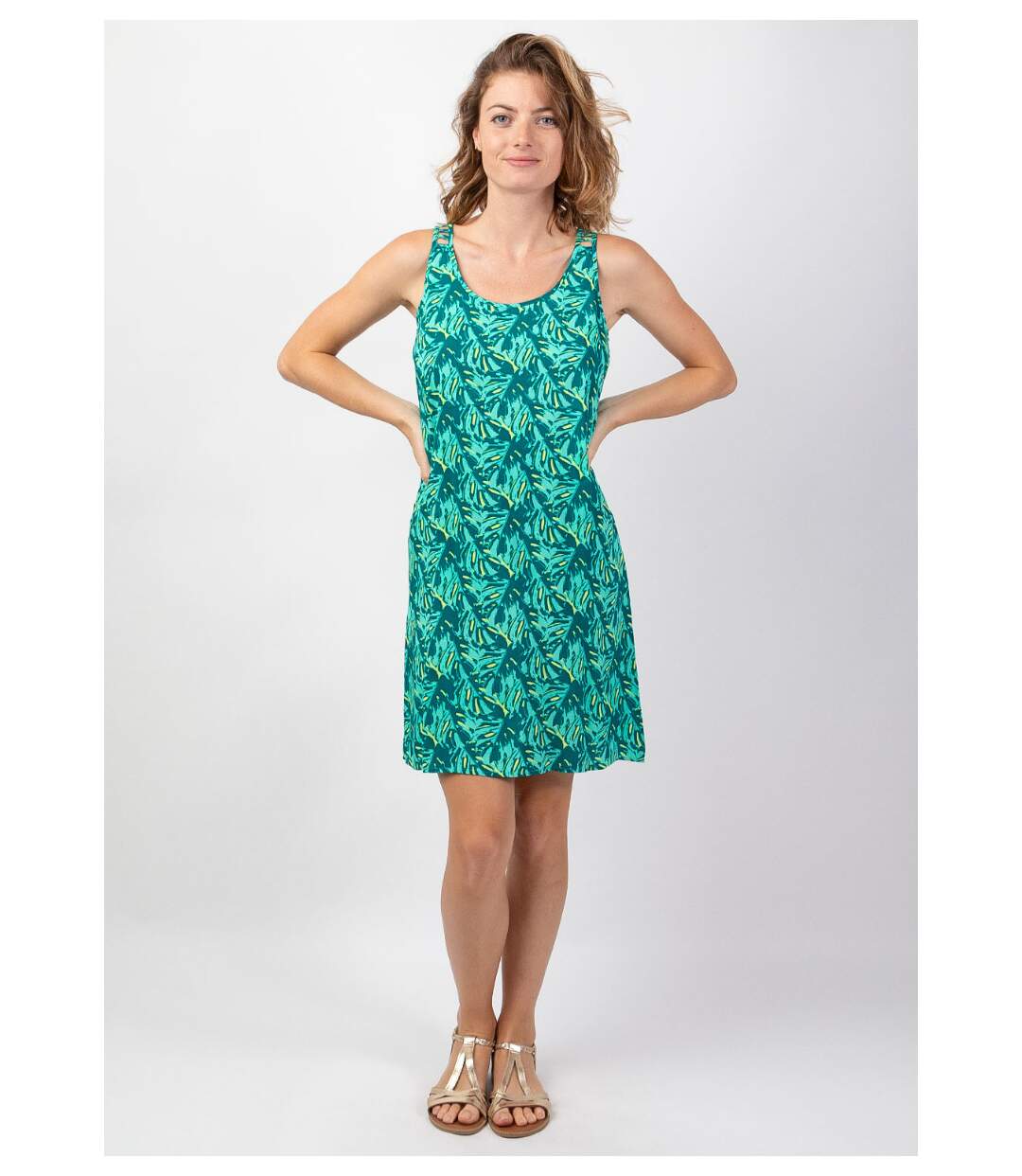 Robe courte casual chic SYLVIA imprimé tropical vert Coton Du Monde-2