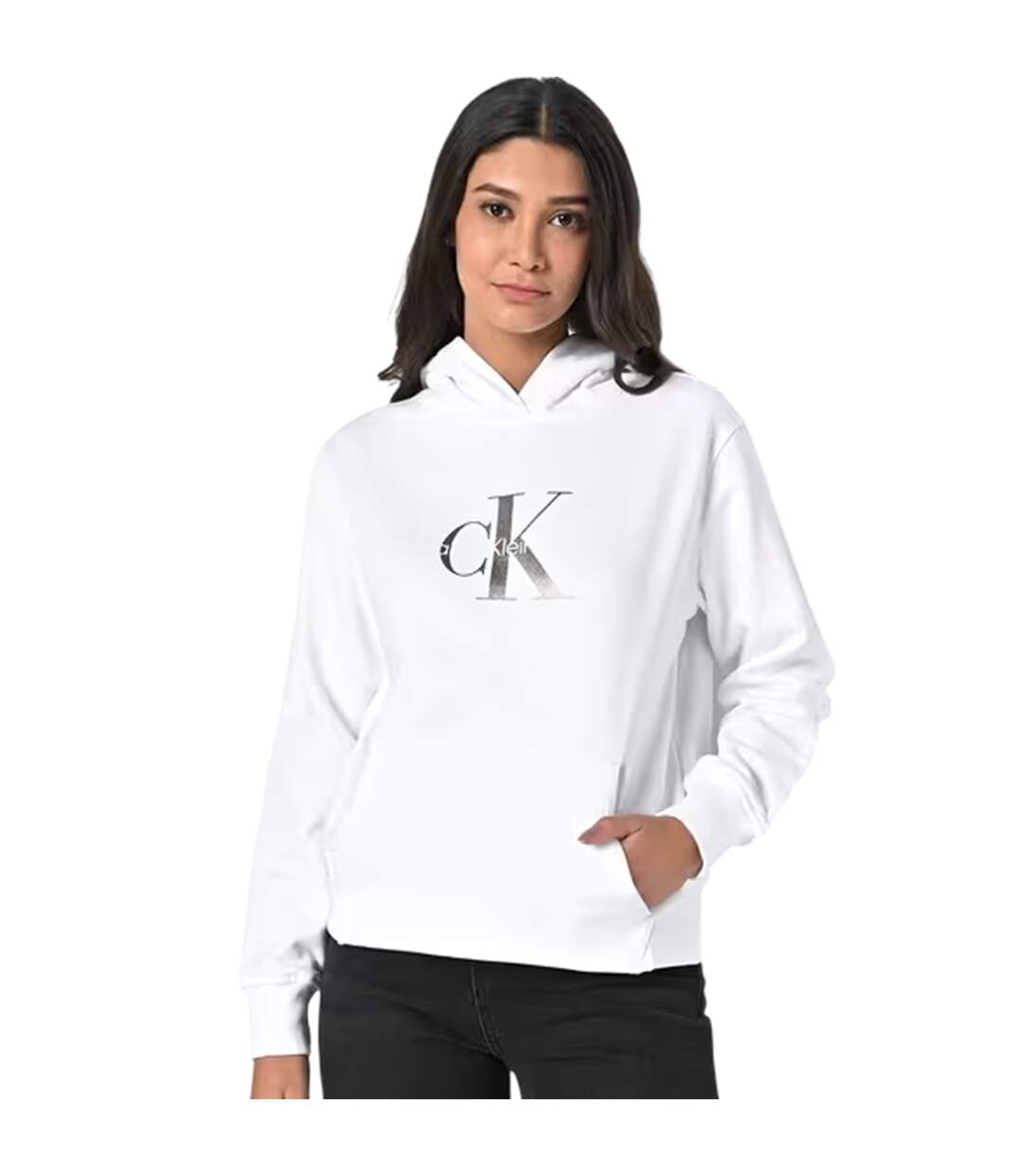 Womens/ladies Jeans Jersey Logo Hoodie Bright White Calvin Klein-1