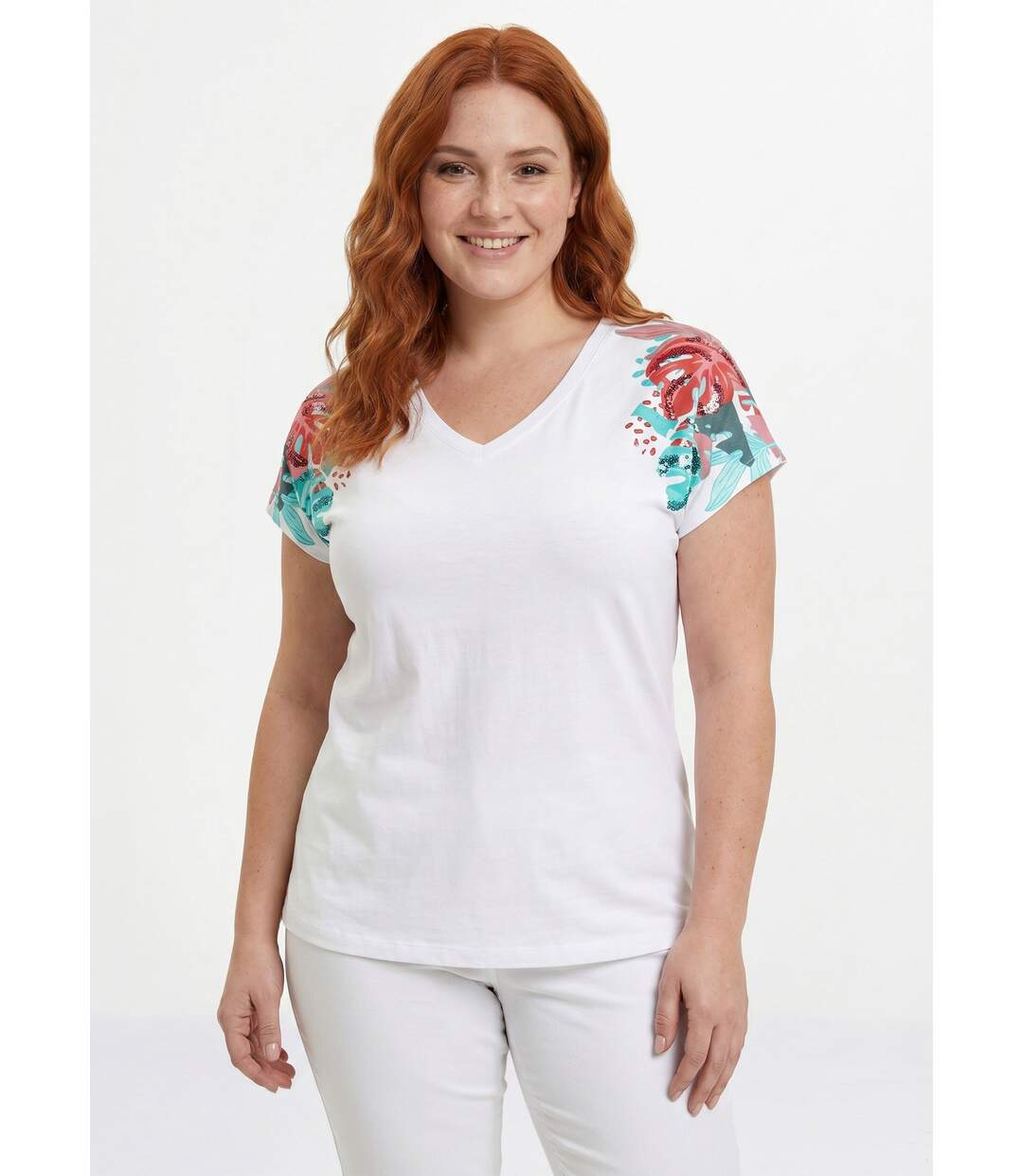 T-shirt court blanc motif sequins col rond-1