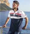 Men's Racing Print Piqué Polo Shirt - Navy and White Atlas For Men