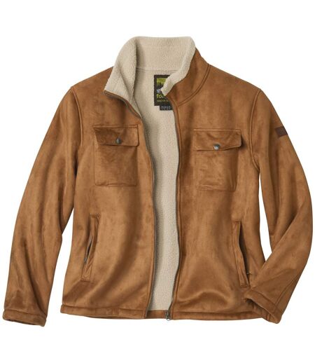 Men's Camel Sherpa-Lined Faux-Suede Jacket