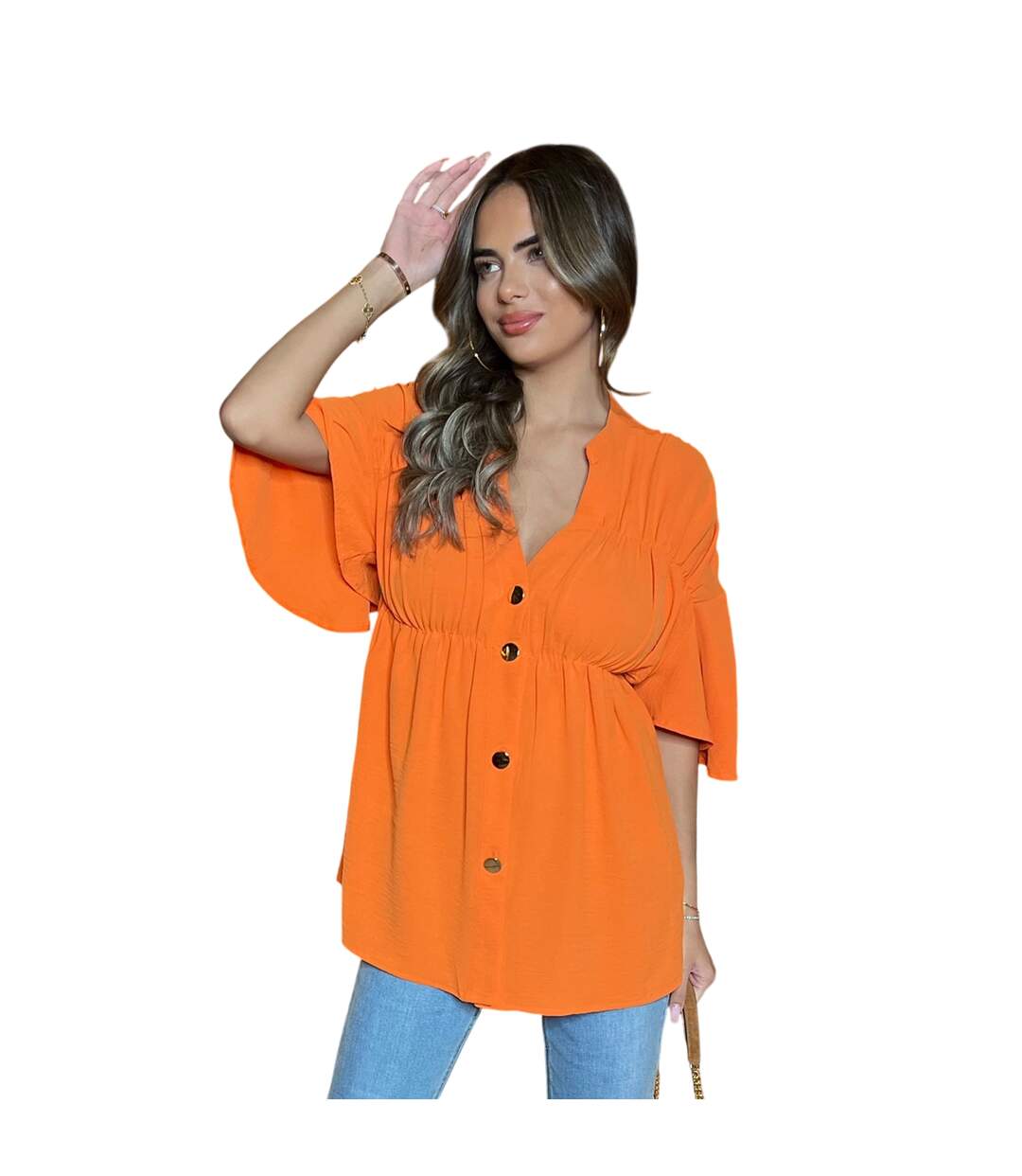 Womens/ladies Ruched V Neck Smock Top Orange AX Paris-3