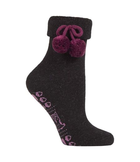 1 Pair Ladies Wool Mix Slipper Socks with Pom Pom - Warm Soft Cosy Comfort