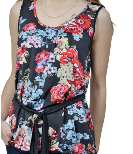 Blouse féminine sans manches à bretelles larges - Motif floral chic - Col rond