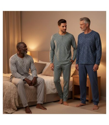 OZABI Ensemble Pyjama Homme Long Pack de 3, Haut Imprimé Col Boutonné