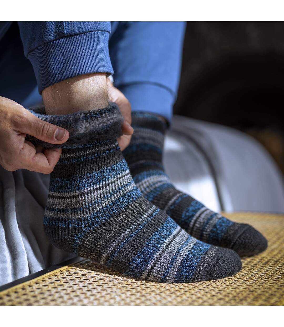 Chaussettes thermiques brossées à motifs pour hommes avec rayures-5
