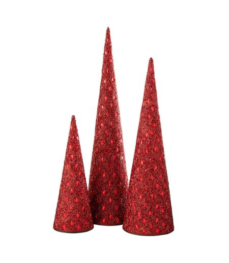 Lot de 3 Cônes de Noël Perles 45cm Rouge