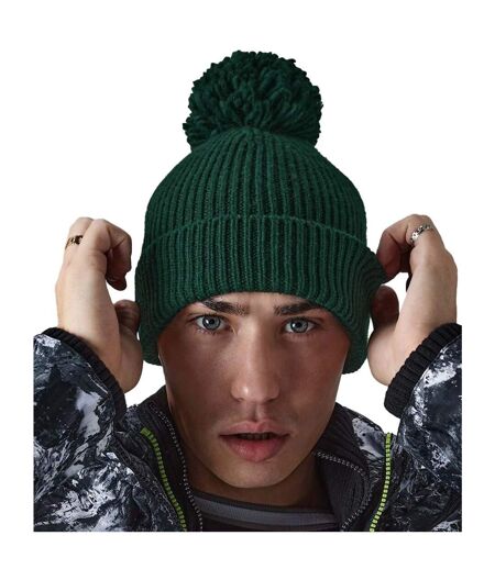 Beechfield Engineered Knit Ribbed Pom Pom Beanie (Bottle Green)