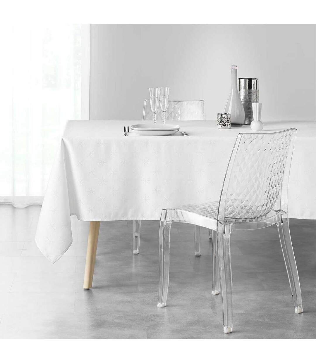 Nappe Imprimée Jacquard Étoiles 140x300cm Blanc-3