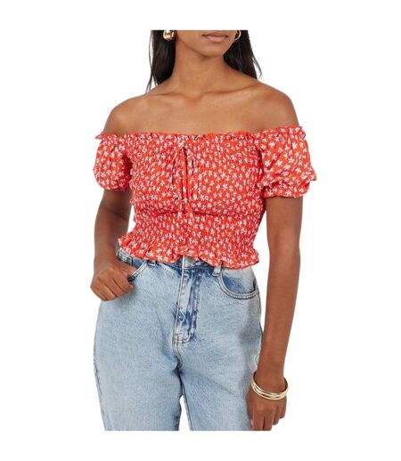 Womens/ladies Off Shoulder Puff Sleeve Blouse Red Brave Soul