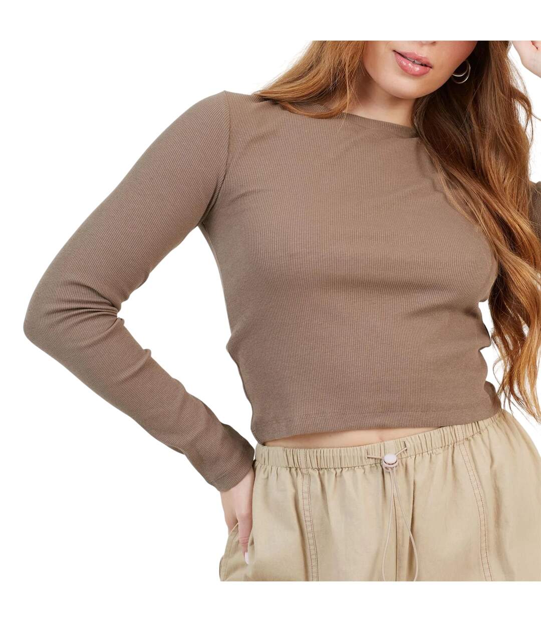 Womens/ladies Ribbed Long-sleeved Crop Top Mushroom Brave Soul-4
