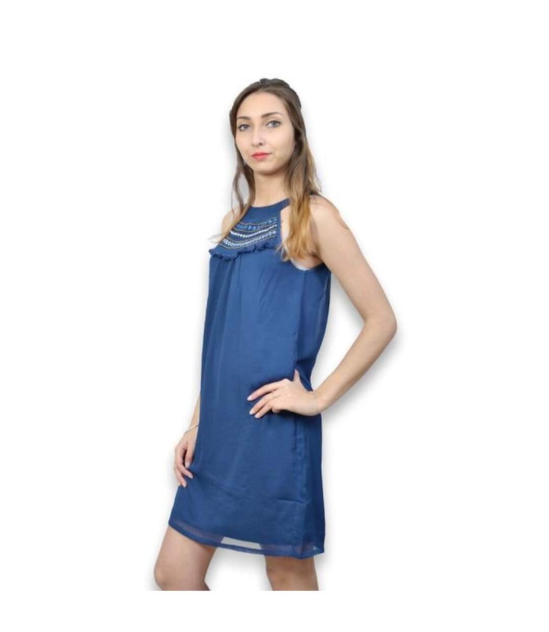 Robe femme sans manche de couleur bleu col rond