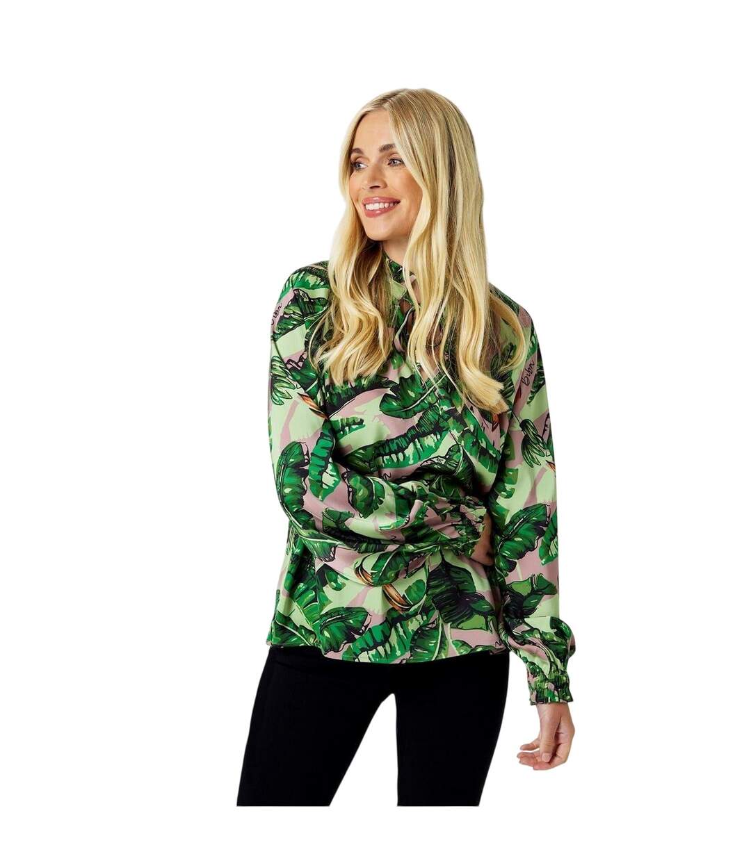 Womens/ladies Banana Leaf Satin Ruffle Neck Blouse Green Multicoloured Print Biba-1