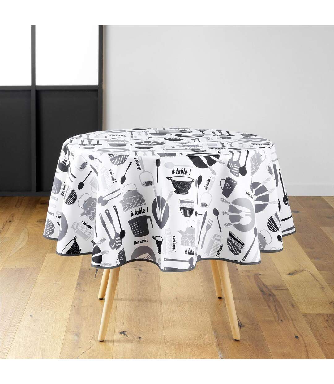 Nappe Ronde Imprimé Kitchen 180cm Blanc & Noir-1