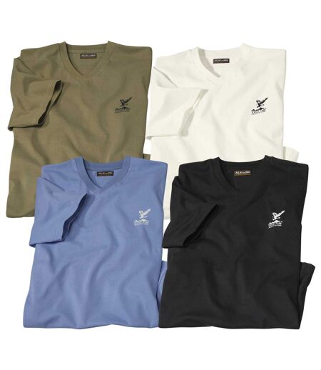 Pack of 4 Men's V-Neck Escape T-Shirts - Blue Black Khaki Off-White