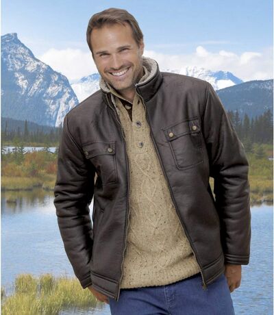Men's Brown Faux Suede Bomber Jacket with Sherpa Lining and Full Zip